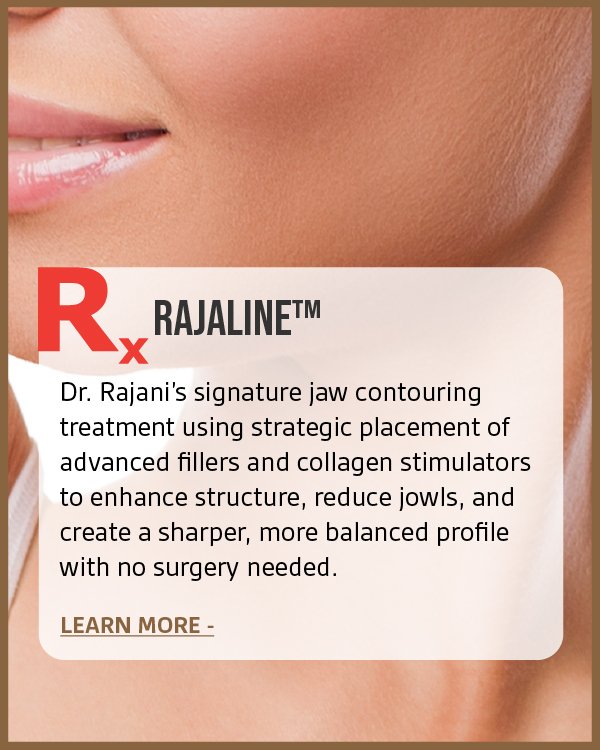 Close-up of a person's lower face with a promotional text about Rajaline jaw contouring treatment.