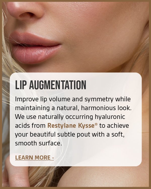 Close-up of a woman's lips and part of her face with an informational overlay about lip augmentation using hyaluronic acids and Restylane Kysse.