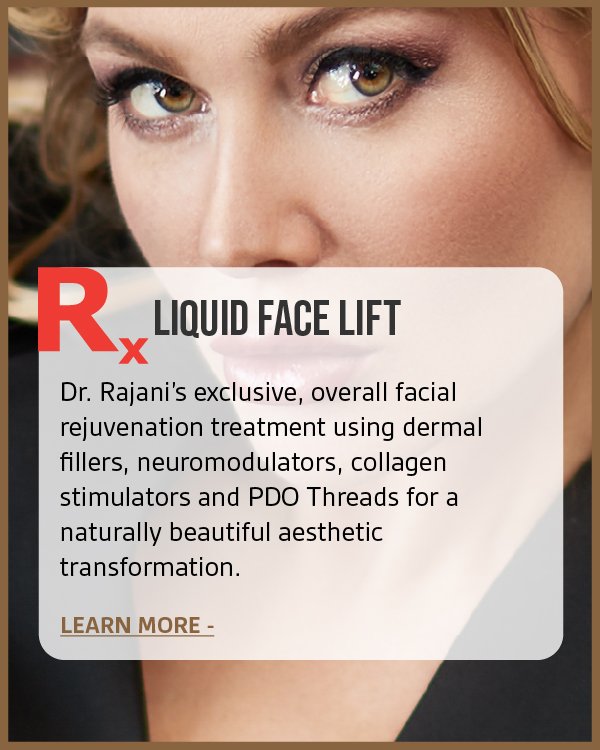 Close-up of a woman's face showcasing eye makeup and clear skin, with a promotional overlay for a liquid face lift treatment.