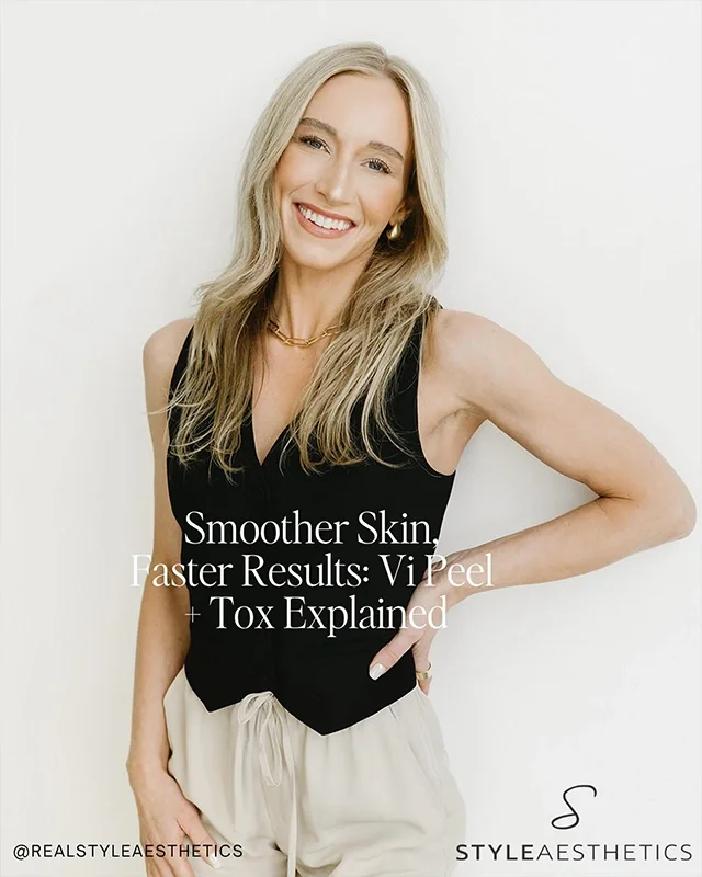 A smiling woman with long blonde hair, wearing a black sleeveless top and cream-colored pants, standing against a white background with text about skin care and aesthetics.